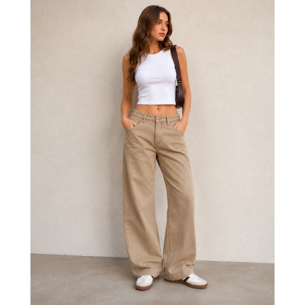 Dazy Wide Leg Pants High Waisted Tan Khaki Size XL Cotton Straight Y2K Neutral